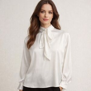 Alisa Style Satin Charmeuse Tie At Neck White Blouse With Pearl Cufflinks XL